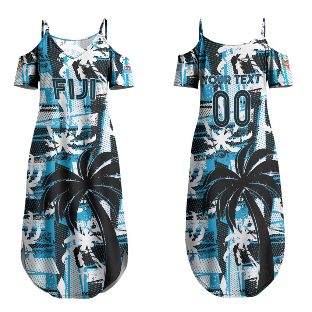 Custom Fijian Rugby Family Matching Summer Maxi Dress and Hawaiian Shirt Grunge Palm Stylized