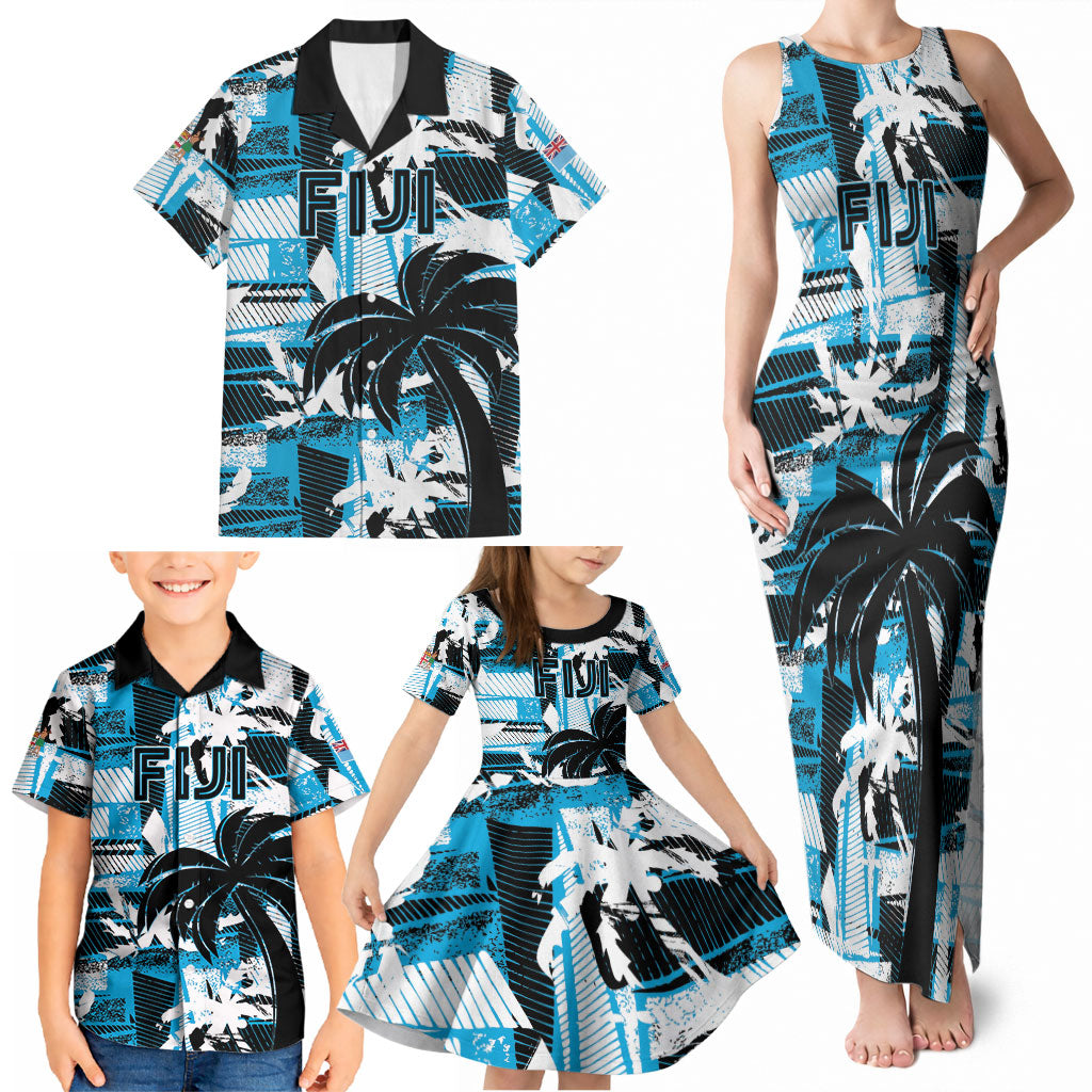 Custom Fijian Rugby Family Matching Tank Maxi Dress and Hawaiian Shirt Grunge Palm Stylized