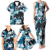 Custom Fijian Rugby Family Matching Tank Maxi Dress and Hawaiian Shirt Grunge Palm Stylized
