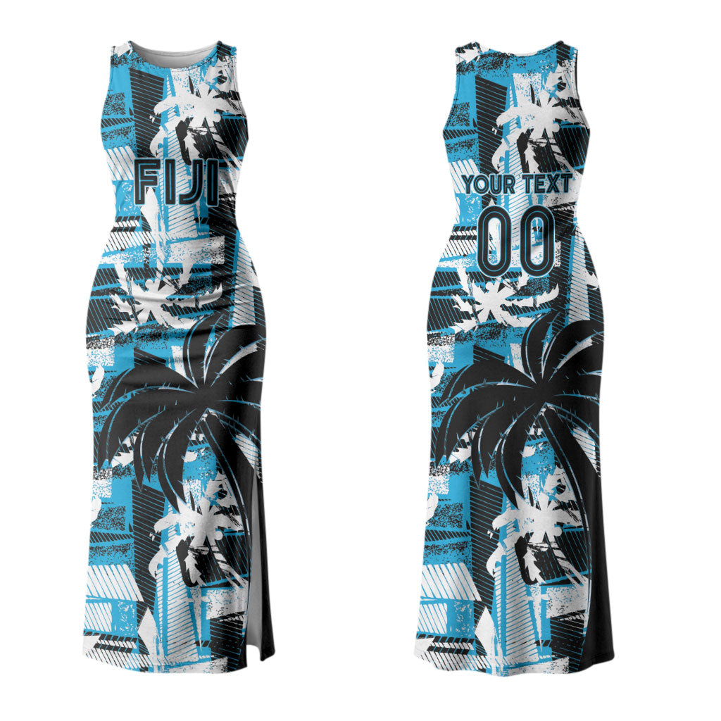 Custom Fijian Rugby Family Matching Tank Maxi Dress and Hawaiian Shirt Grunge Palm Stylized