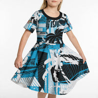 Custom Fijian Rugby Kid Short Sleeve Dress Grunge Palm Stylized