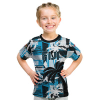 Custom Fijian Rugby Kid T Shirt Grunge Palm Stylized