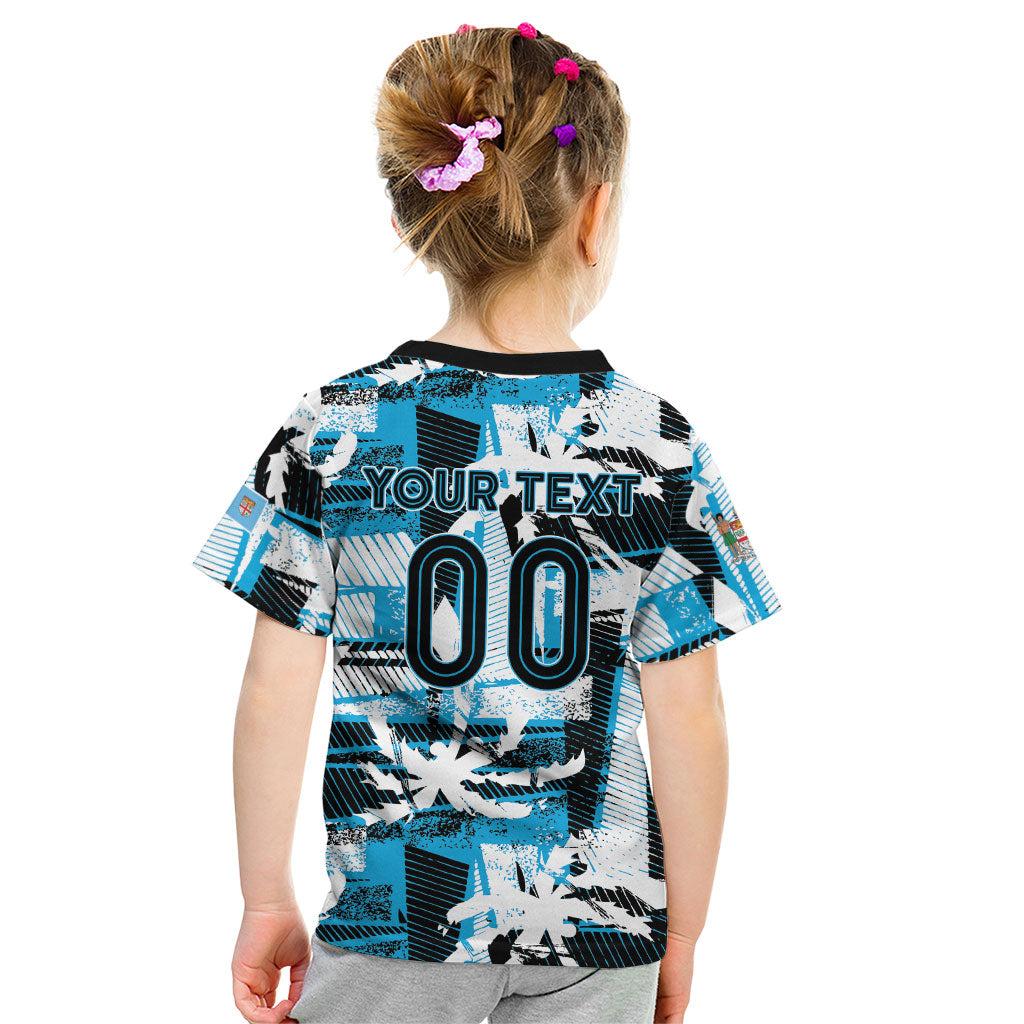 Custom Fijian Rugby Kid T Shirt Grunge Palm Stylized