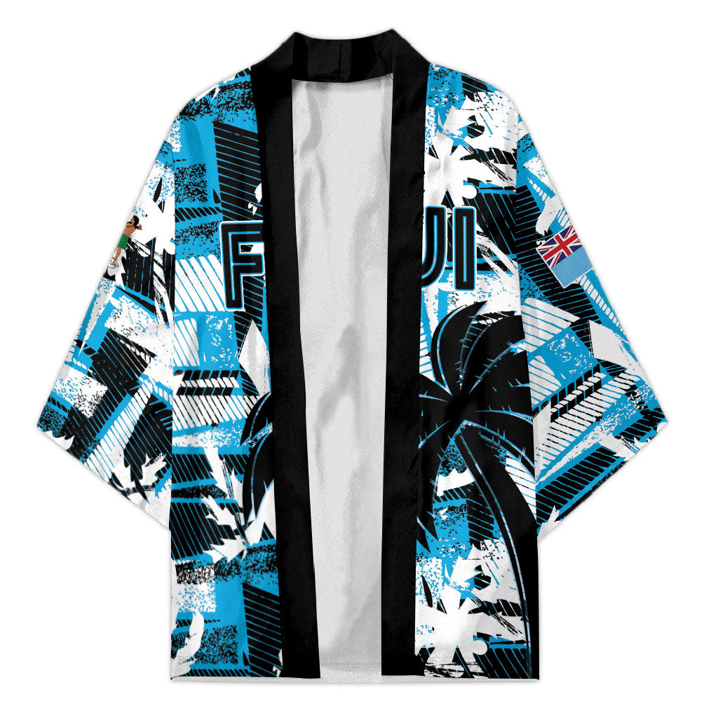 Custom Fijian Rugby Kimono Grunge Palm Stylized LT01 Unisex Blue - Polynesian Pride