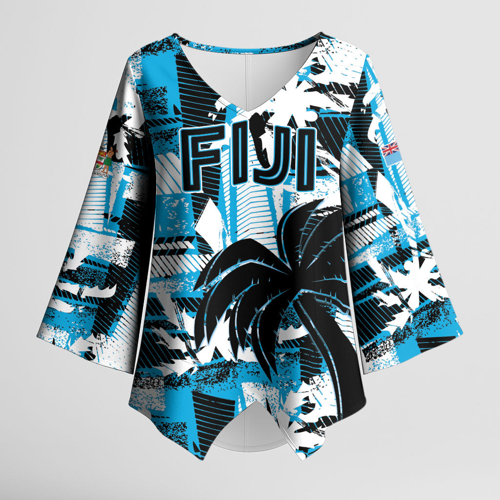 Custom Fijian Rugby Kimono Sleeve Blouse Grunge Palm Stylized LT01 Female Blue - Polynesian Pride