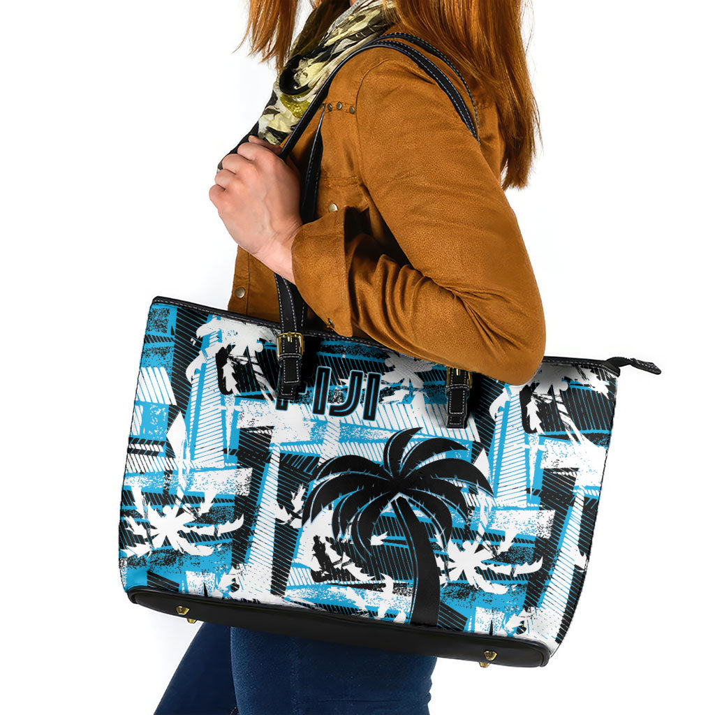 Fijian Rugby Leather Tote Bag Grunge Palm Stylized