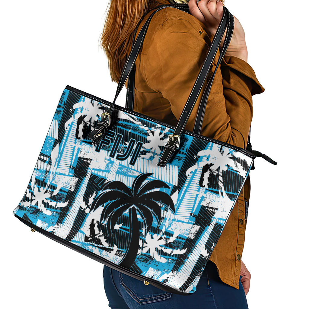 Fijian Rugby Leather Tote Bag Grunge Palm Stylized