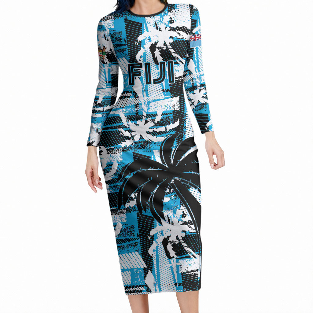 Custom Fijian Rugby Long Sleeve Bodycon Dress Grunge Palm Stylized LT01 Long Dress Blue - Polynesian Pride
