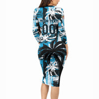 Custom Fijian Rugby Long Sleeve Bodycon Dress Grunge Palm Stylized