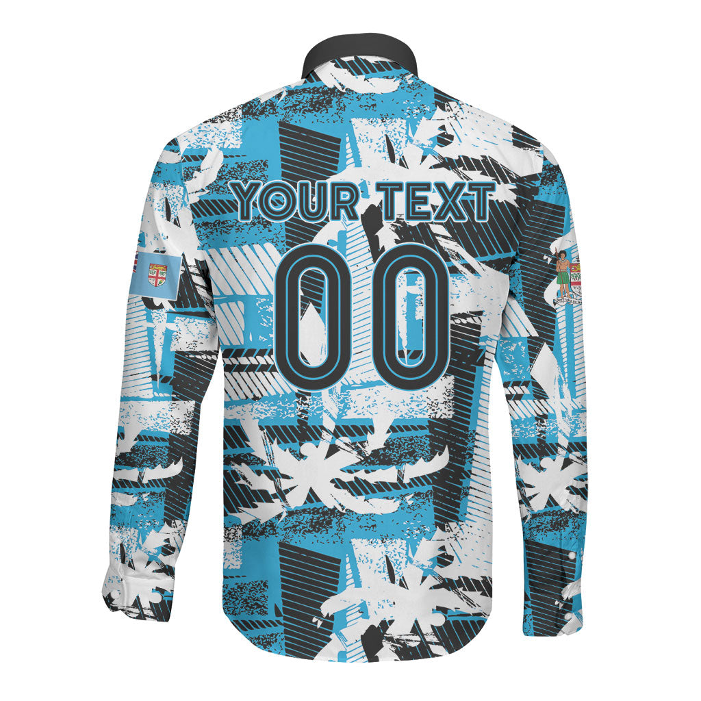 Custom Fijian Rugby Long Sleeve Button Shirt Grunge Palm Stylized