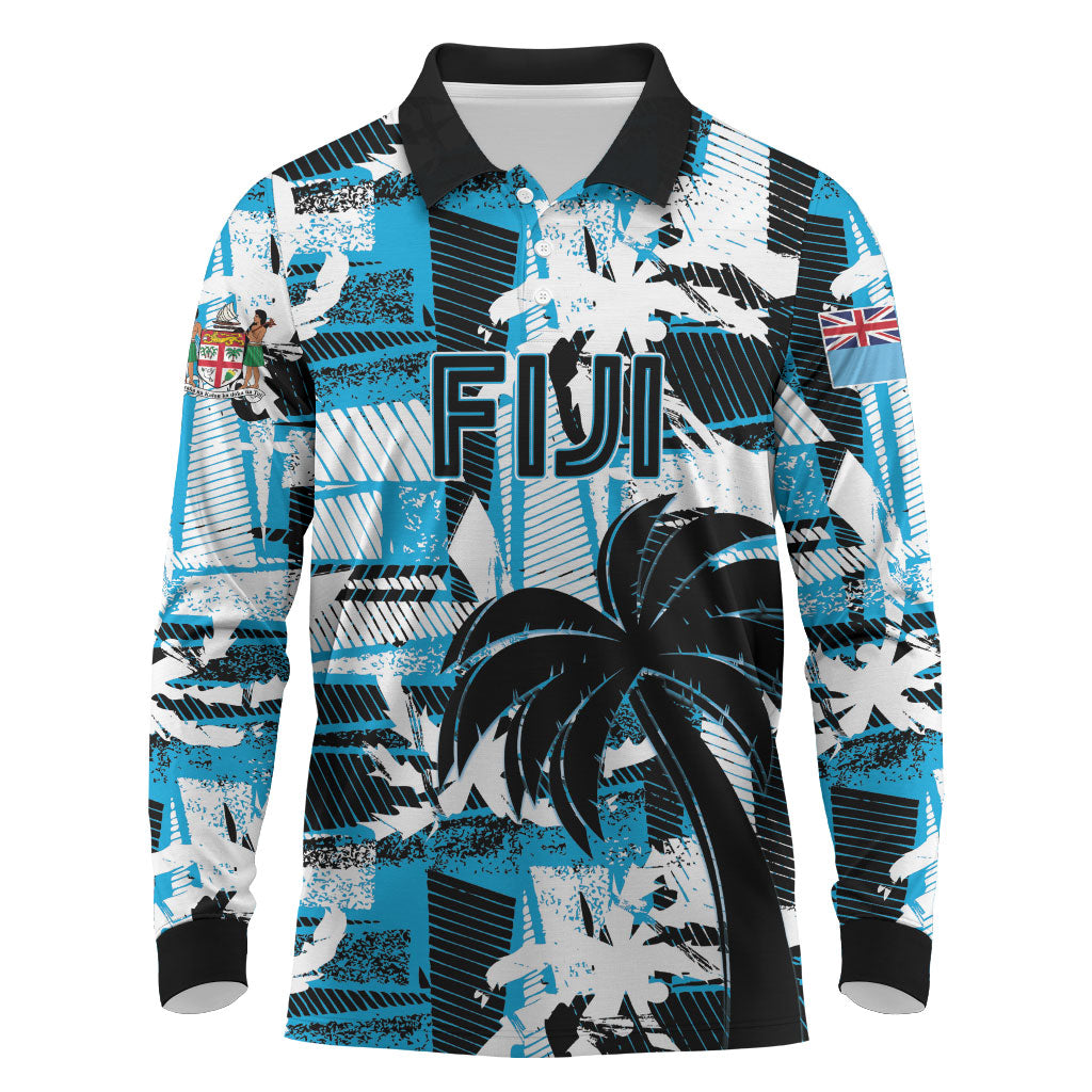 Custom Fijian Rugby Long Sleeve Polo Shirt Grunge Palm Stylized