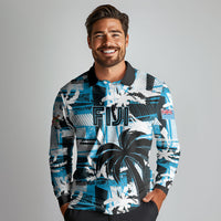 Custom Fijian Rugby Long Sleeve Polo Shirt Grunge Palm Stylized