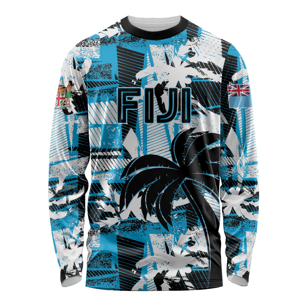 Custom Fijian Rugby Long Sleeve Shirt Grunge Palm Stylized LT01 Unisex Blue - Polynesian Pride
