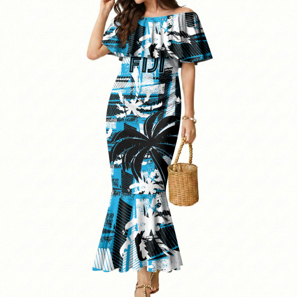 Custom Fijian Rugby Mermaid Dress Grunge Palm Stylized LT01 Women Blue - Polynesian Pride