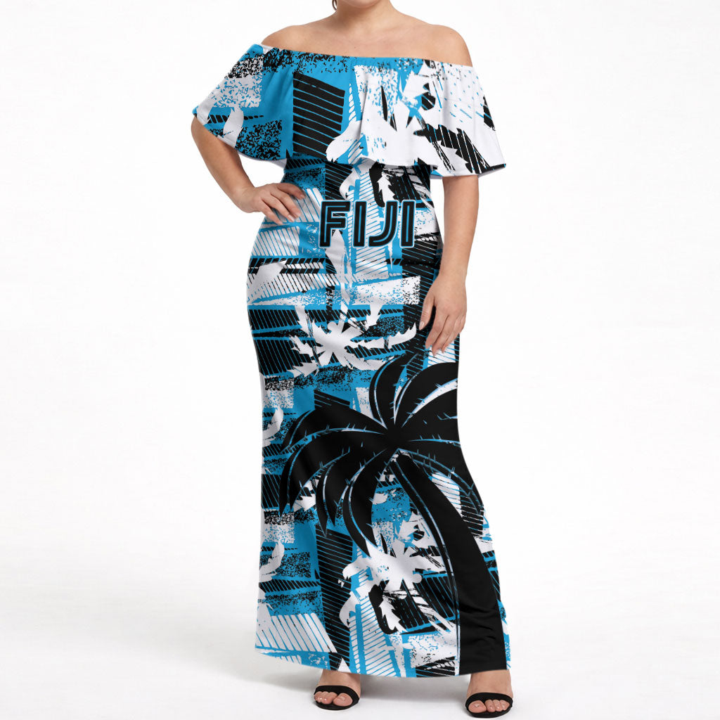 Custom Fijian Rugby Off Shoulder Maxi Dress Grunge Palm Stylized LT01 Women Blue - Polynesian Pride