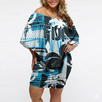 Custom Fijian Rugby Off Shoulder Short Dress Grunge Palm Stylized