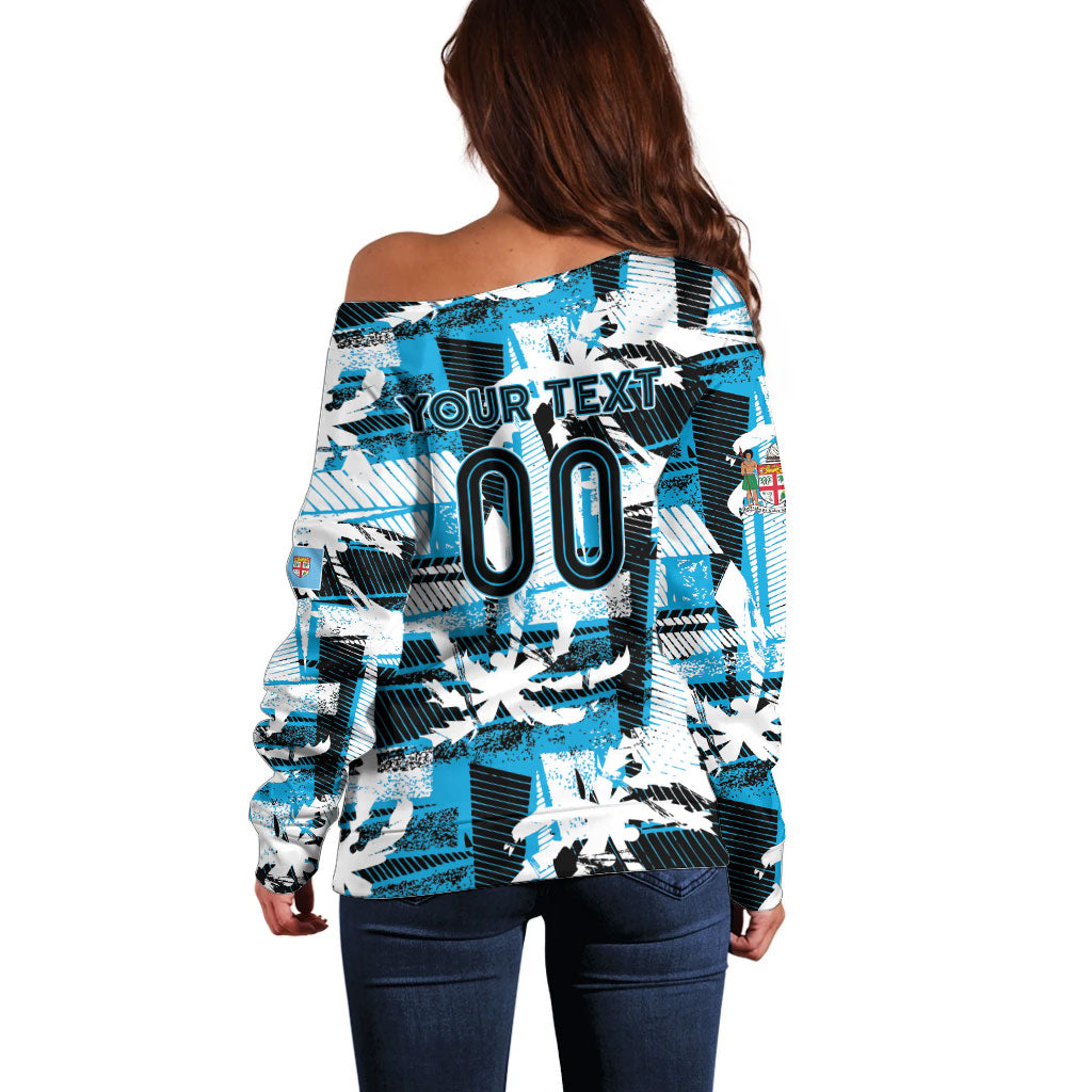 Custom Fijian Rugby Off Shoulder Sweater Grunge Palm Stylized