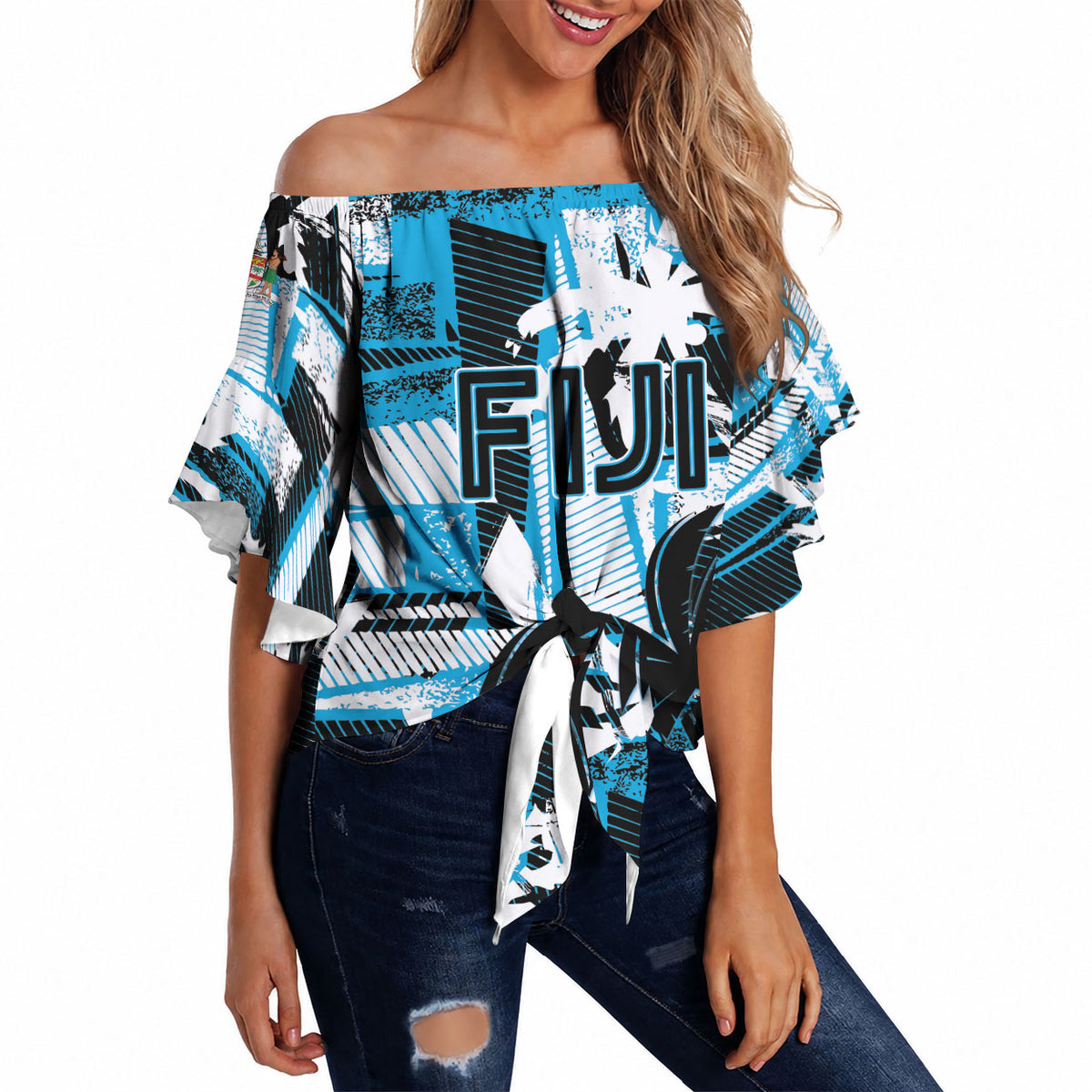 Custom Fijian Rugby Off Shoulder Wrap Waist Top Grunge Palm Stylized