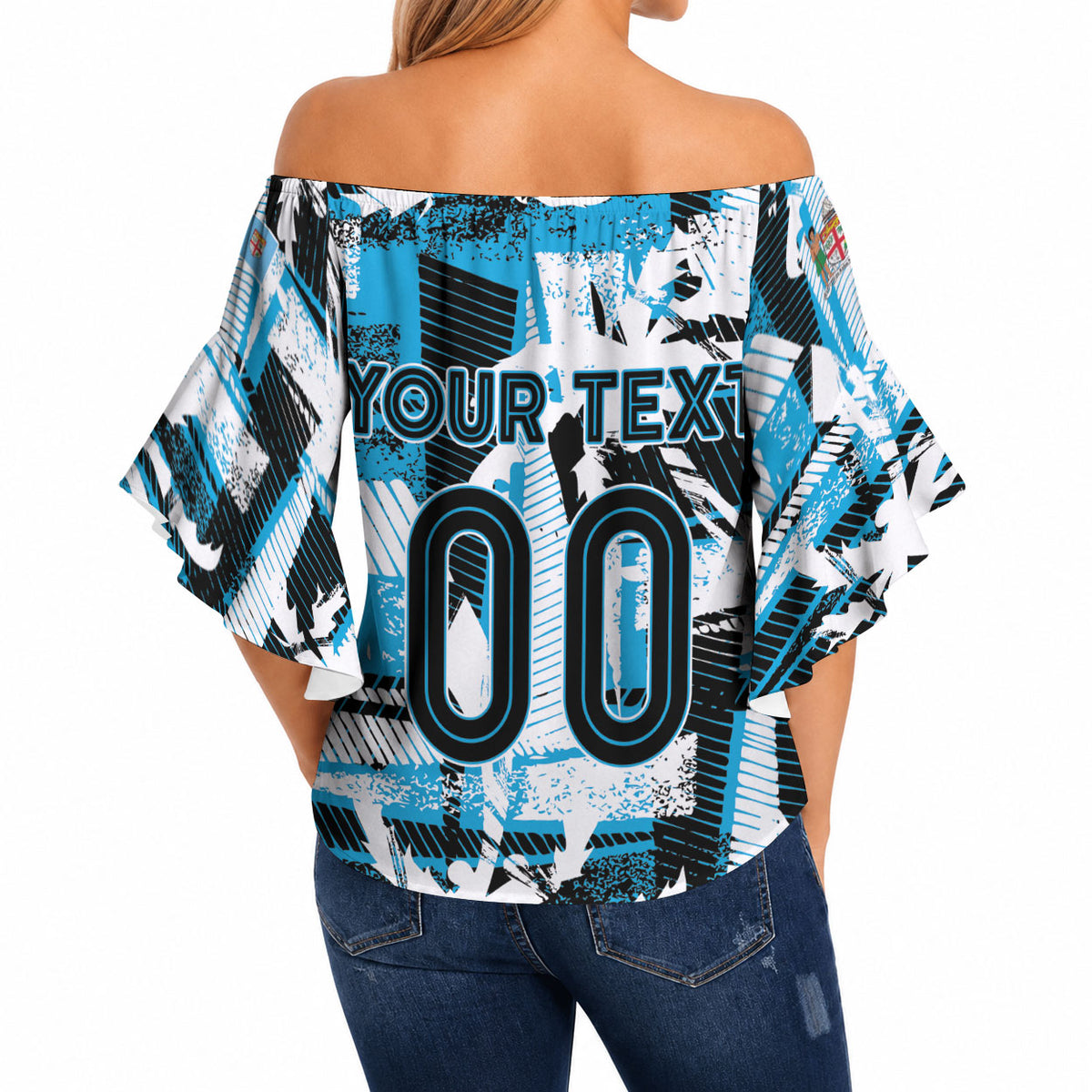 Custom Fijian Rugby Off Shoulder Wrap Waist Top Grunge Palm Stylized