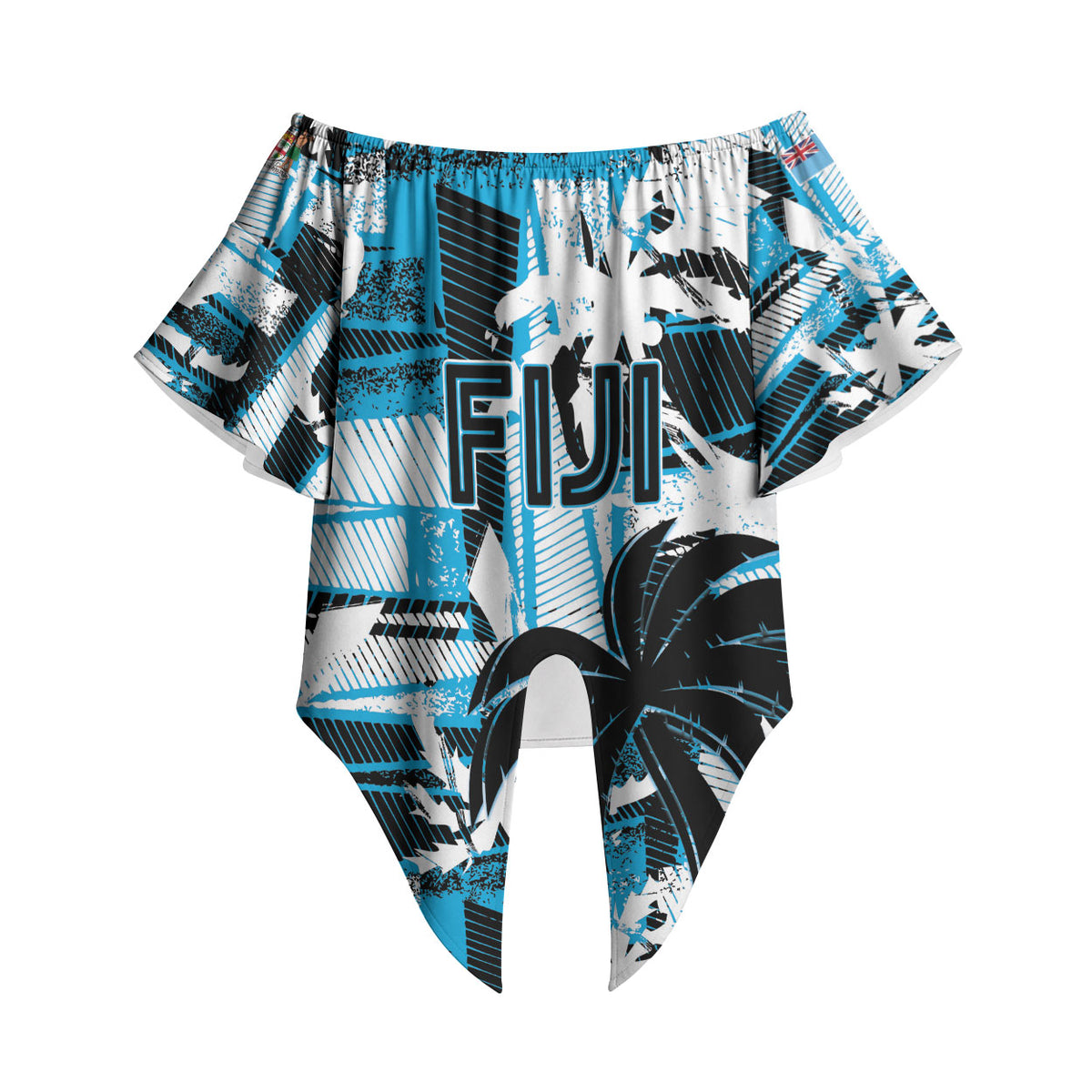 Custom Fijian Rugby Off Shoulder Wrap Waist Top Grunge Palm Stylized