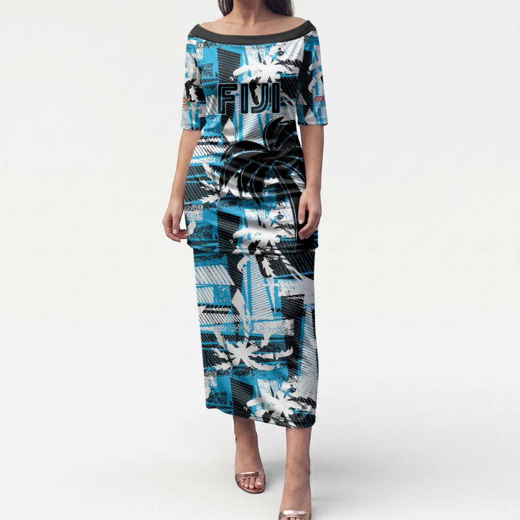 Custom Fijian Rugby Puletasi Grunge Palm Stylized LT01 Long Dress Blue - Polynesian Pride