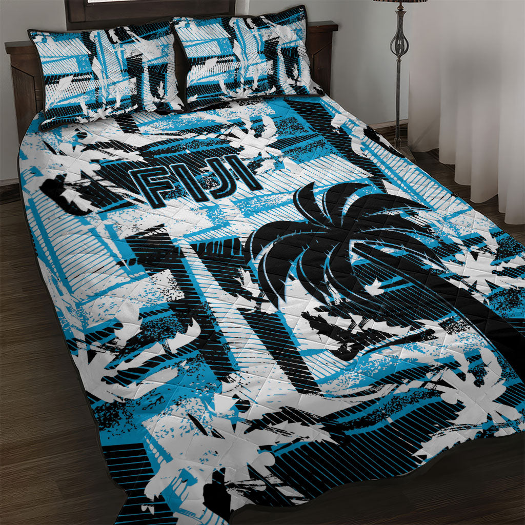 Fijian Rugby Quilt Bed Set Grunge Palm Stylized LT01 Blue - Polynesian Pride