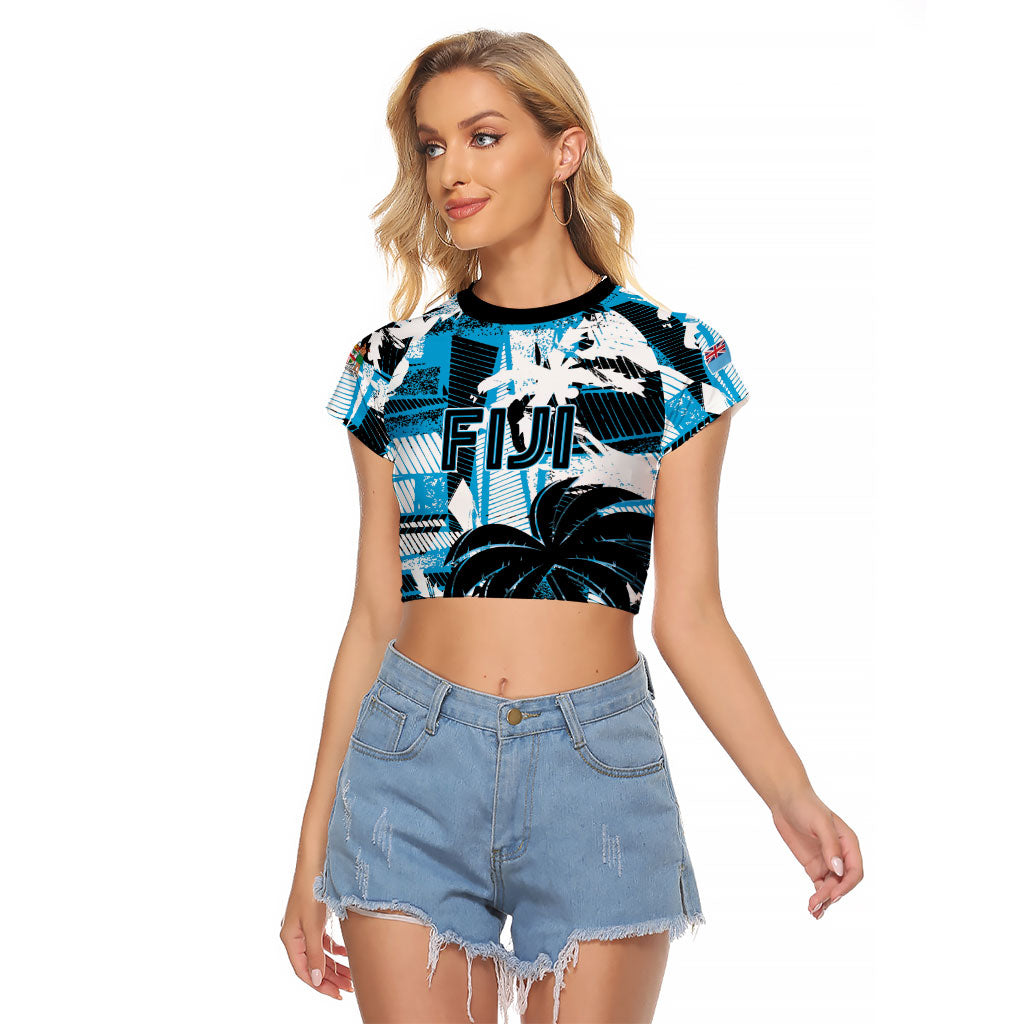 Custom Fijian Rugby Raglan Cropped T Shirt Grunge Palm Stylized LT01 Female Blue - Polynesian Pride