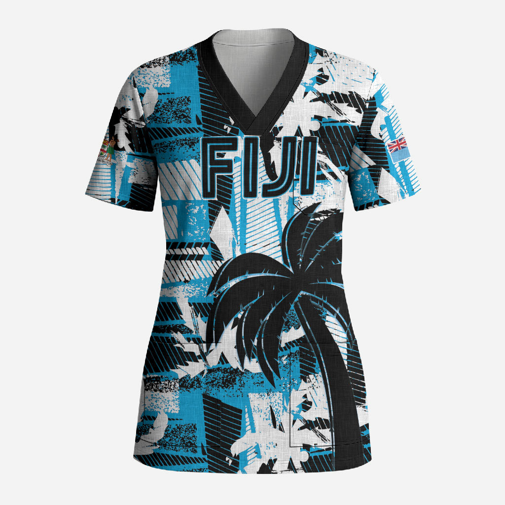 Custom Fijian Rugby Scrub Top Grunge Palm Stylized