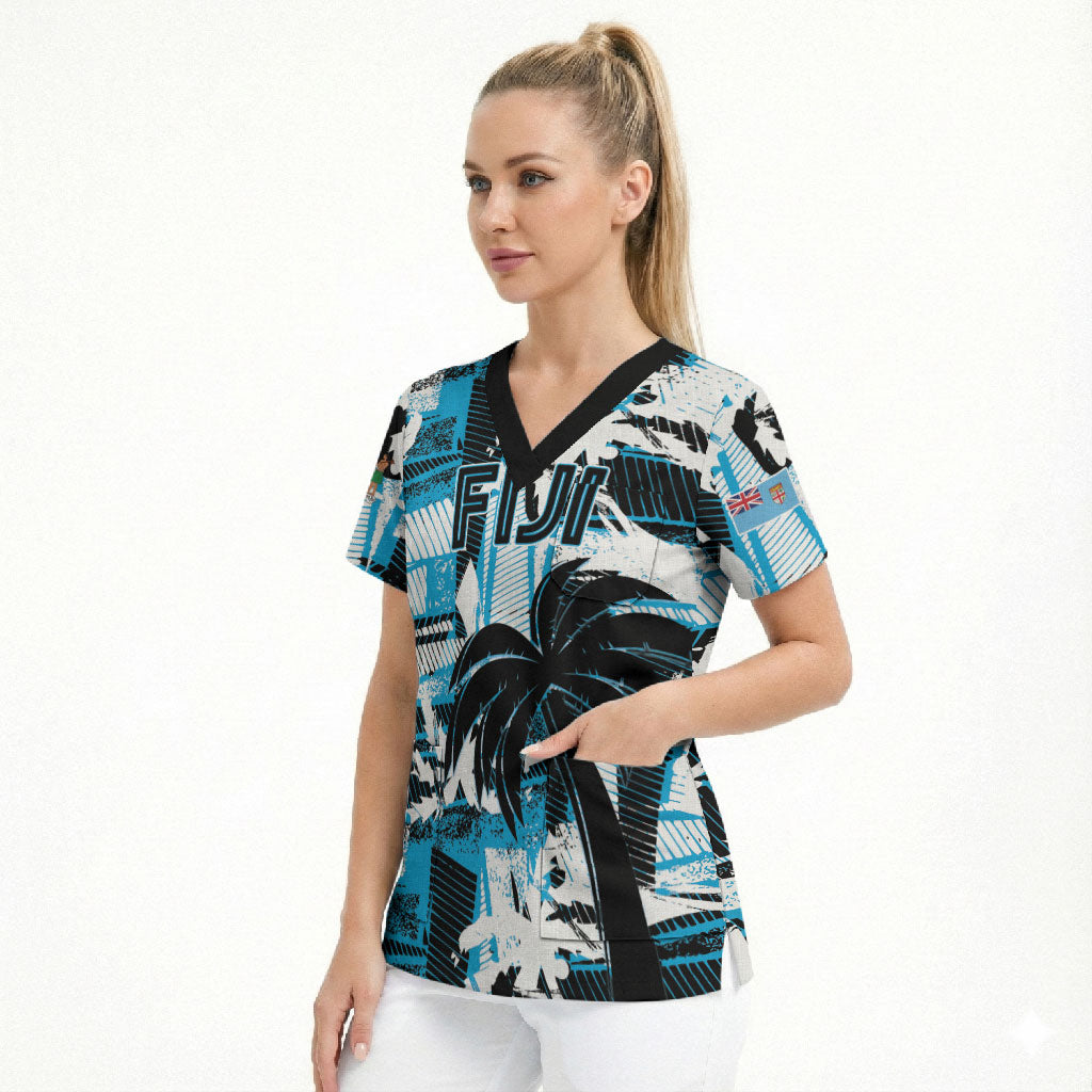 Custom Fijian Rugby Scrub Top Grunge Palm Stylized