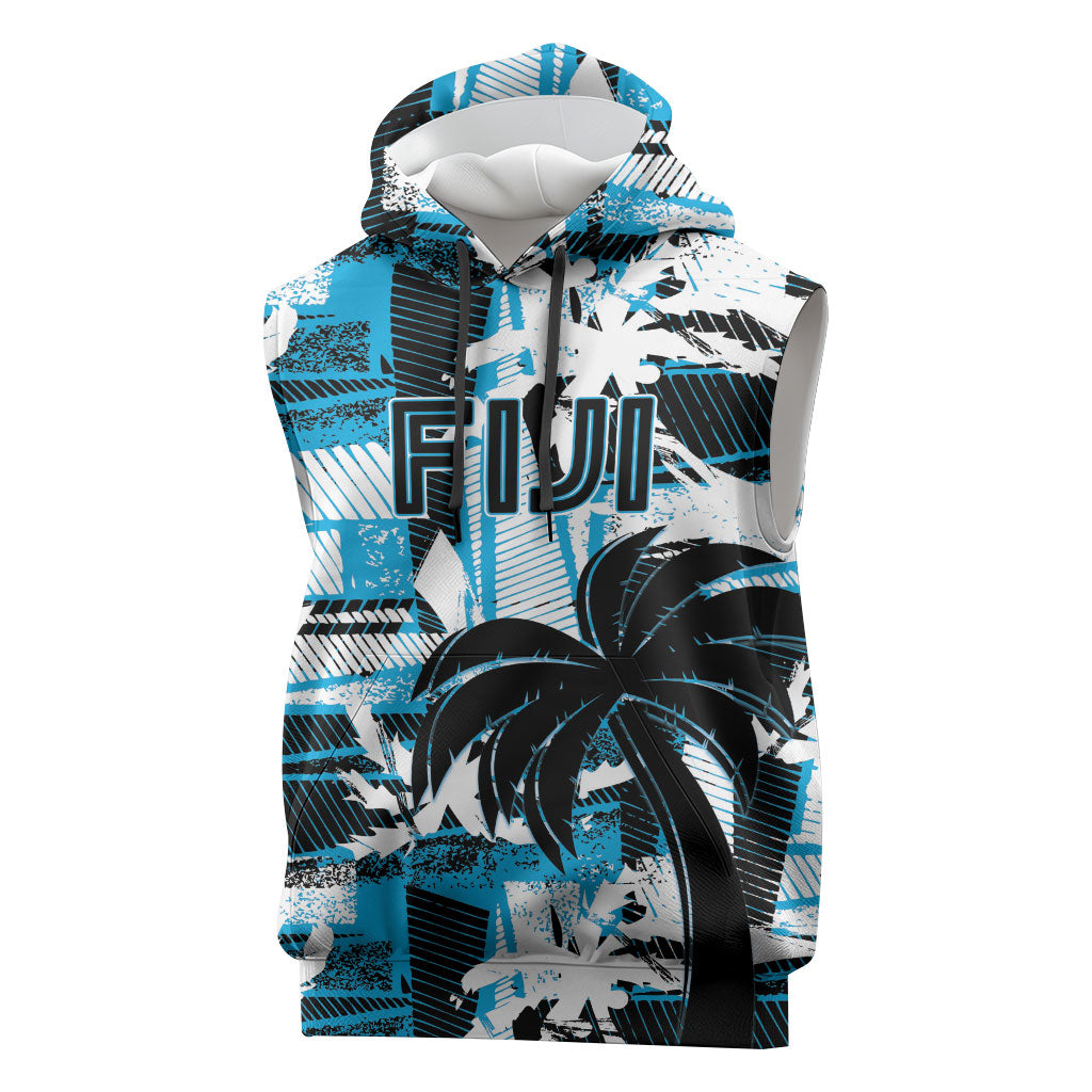 Custom Fijian Rugby Sleeveless Hoodie Grunge Palm Stylized LT01 Blue - Polynesian Pride