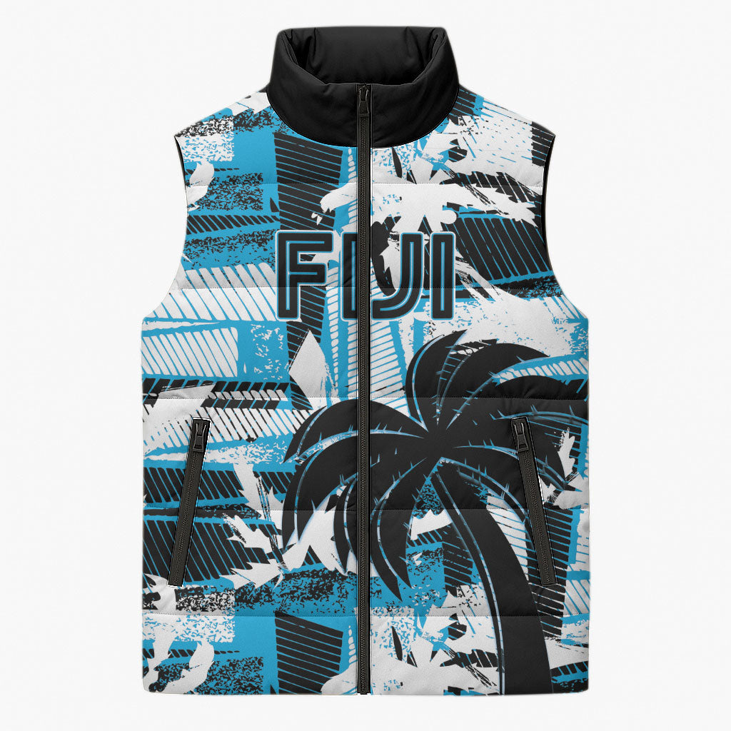 Custom Fijian Rugby Sleeveless Puffer Jacket Grunge Palm Stylized LT01 Unisex Blue - Polynesian Pride