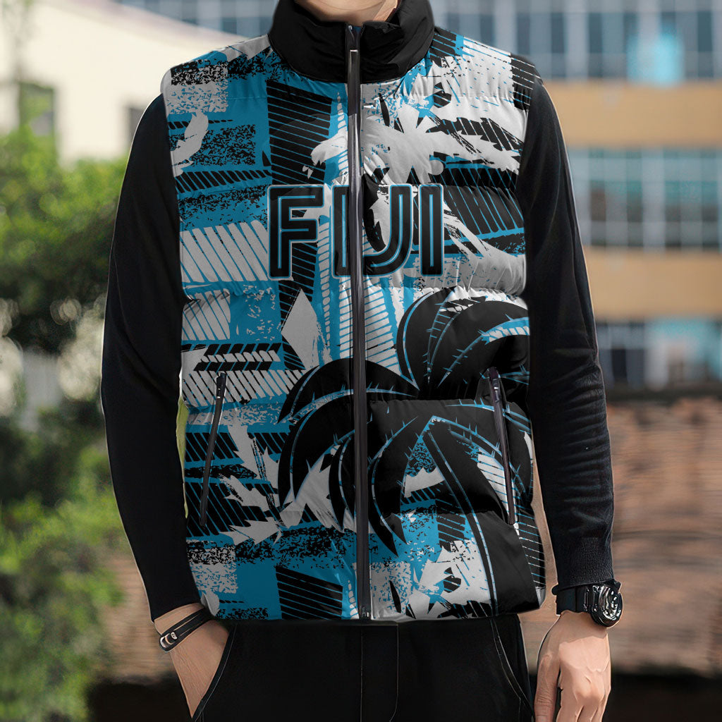 Custom Fijian Rugby Sleeveless Puffer Jacket Grunge Palm Stylized