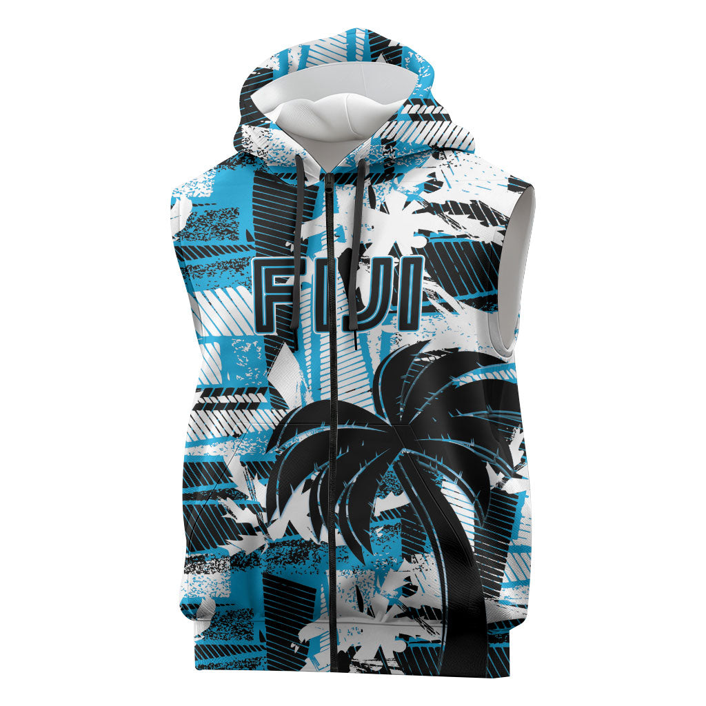 Custom Fijian Rugby Sleeveless Zip Hoodie Grunge Palm Stylized LT01 Blue - Polynesian Pride