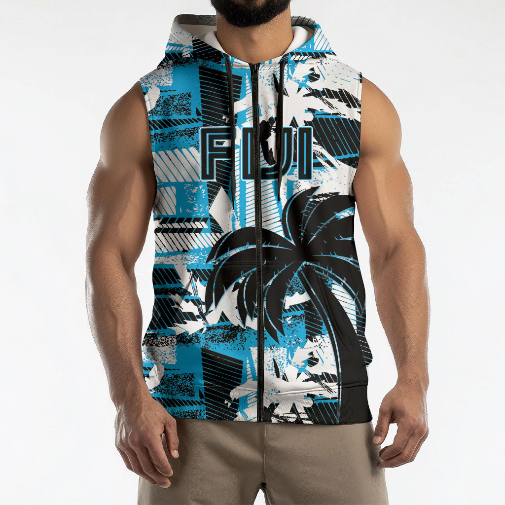 Custom Fijian Rugby Sleeveless Zip Hoodie Grunge Palm Stylized