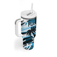 Custom Fijian Rugby Tumbler With Handle Grunge Palm Stylized