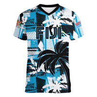 Custom Fijian Rugby Women V-Neck T-Shirt Grunge Palm Stylized