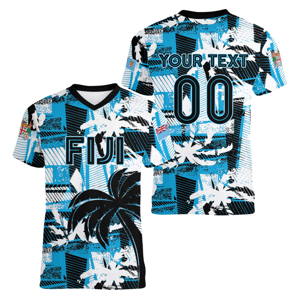 Custom Fijian Rugby Women V-Neck T-Shirt Grunge Palm Stylized