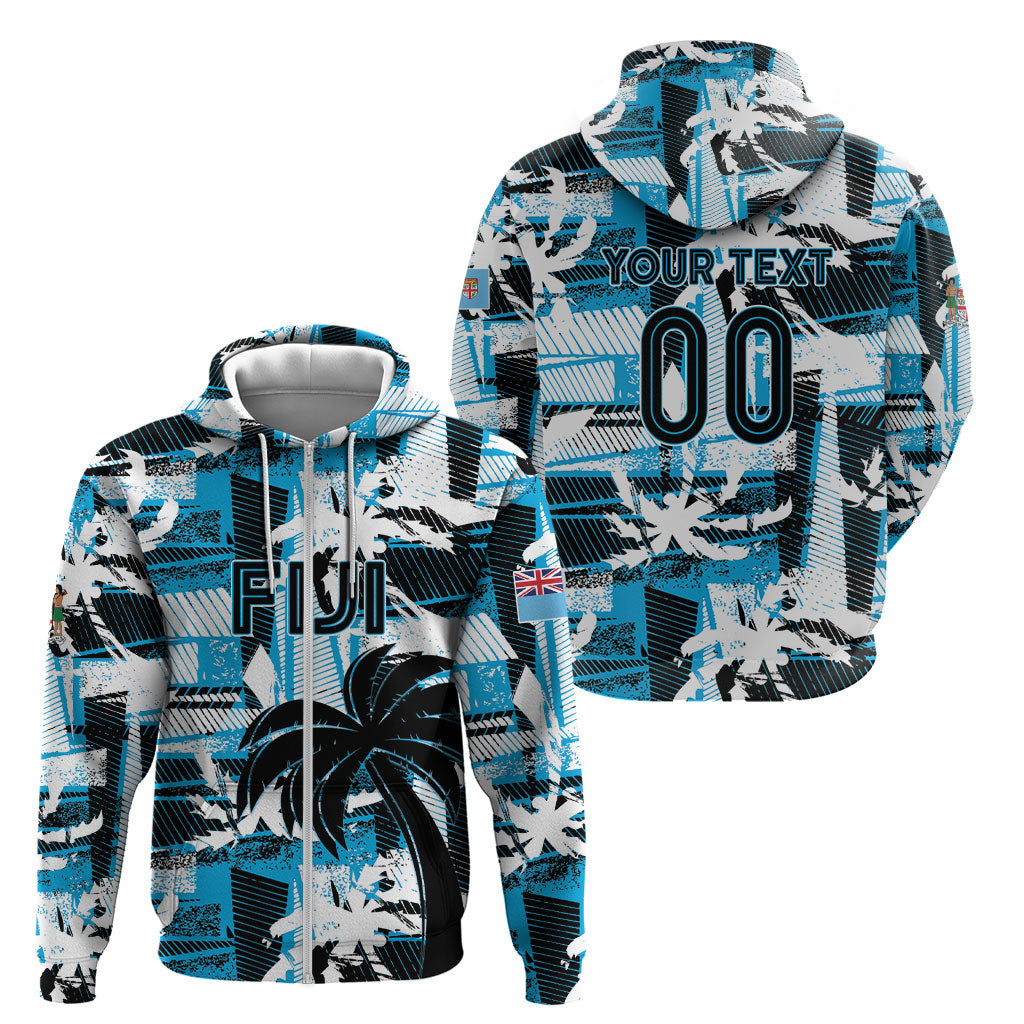 Custom Fijian Rugby Zip Hoodie Grunge Palm Stylized