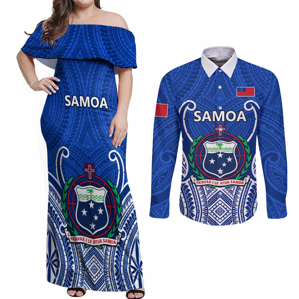 Custom Samoa Rugby Couples Matching Off Shoulder Maxi Dress and Long Sleeve Button Shirts Manu Samoa Go 2023 World Cup LT01 Blue - Polynesian Pride