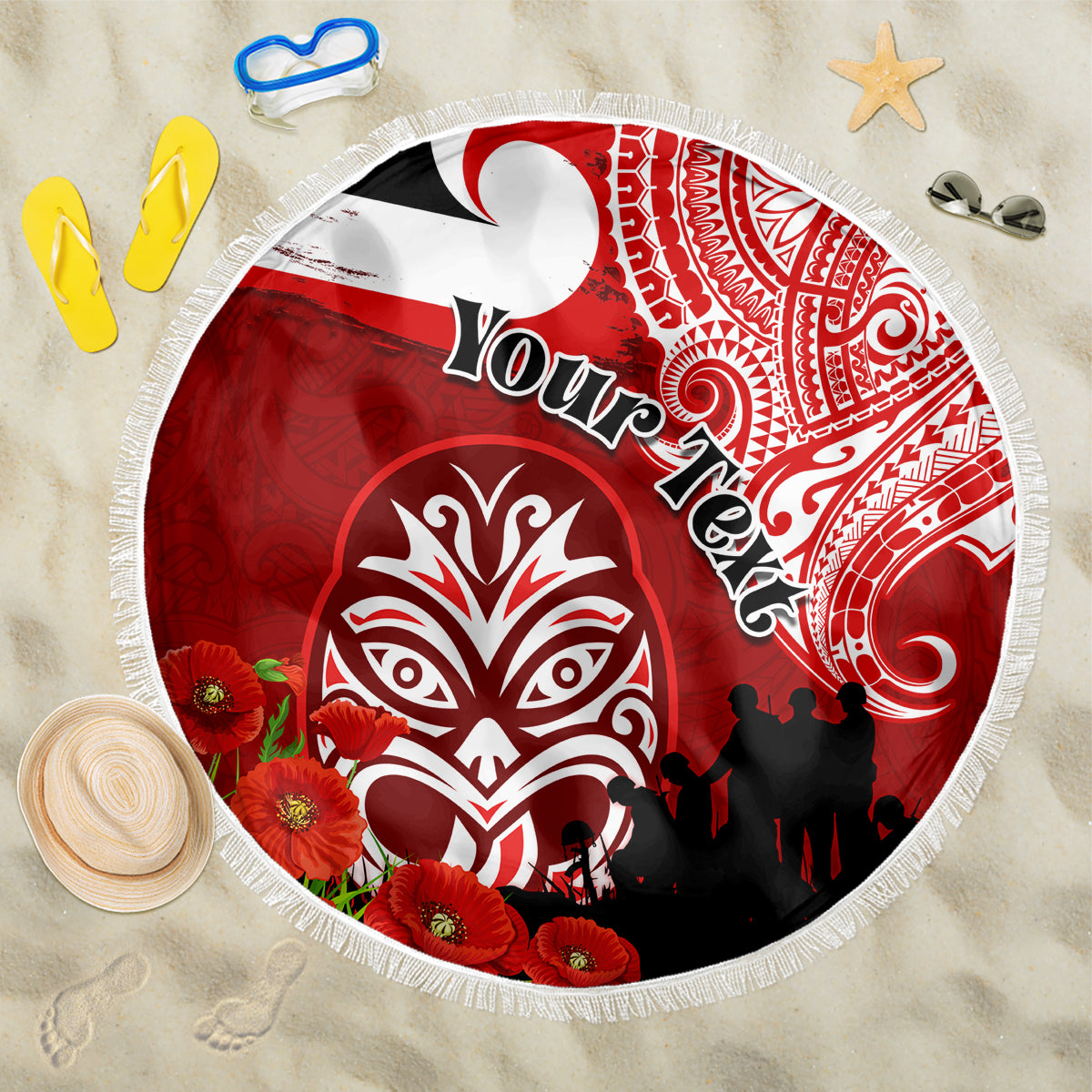New Zealand ANZAC Waitangi Day Beach Blanket Lest We Forget Soldier Tiki Maori Style LT03 One Size 150cm Red - Polynesian Pride