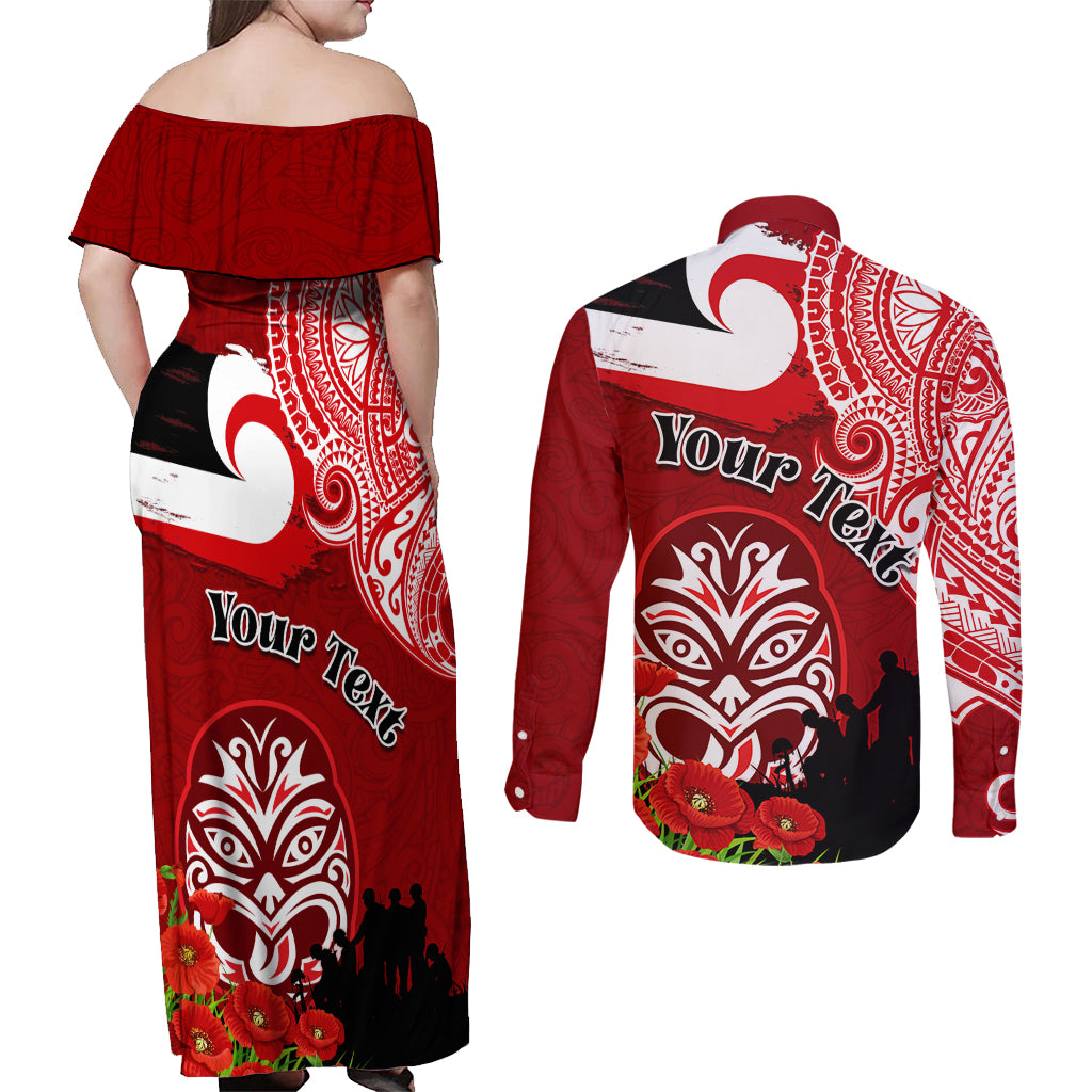 New Zealand ANZAC Waitangi Day Couples Matching Off Shoulder Maxi Dress and Long Sleeve Button Shirt Lest We Forget Soldier Tiki Maori Style LT03 - Polynesian Pride
