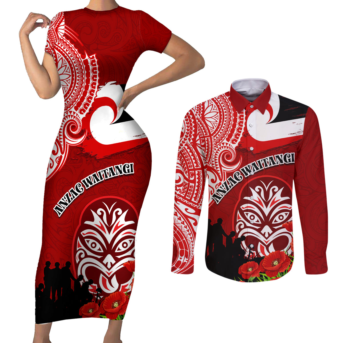 New Zealand ANZAC Waitangi Day Couples Matching Short Sleeve Bodycon Dress and Long Sleeve Button Shirt Lest We Forget Soldier Tiki Maori Style LT03 Red - Polynesian Pride