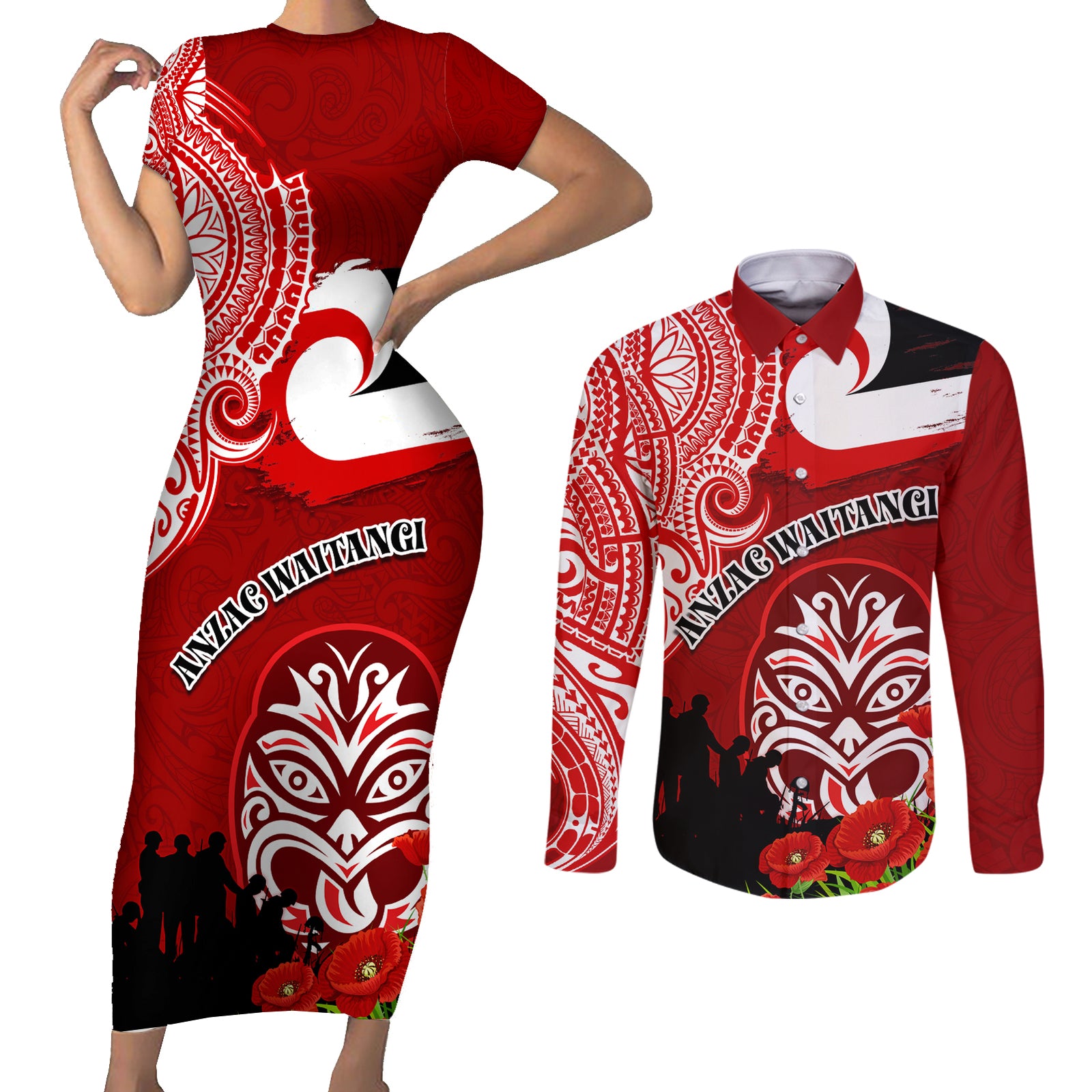 New Zealand ANZAC Waitangi Day Couples Matching Short Sleeve Bodycon Dress and Long Sleeve Button Shirt Lest We Forget Soldier Tiki Maori Style LT03 Red - Polynesian Pride