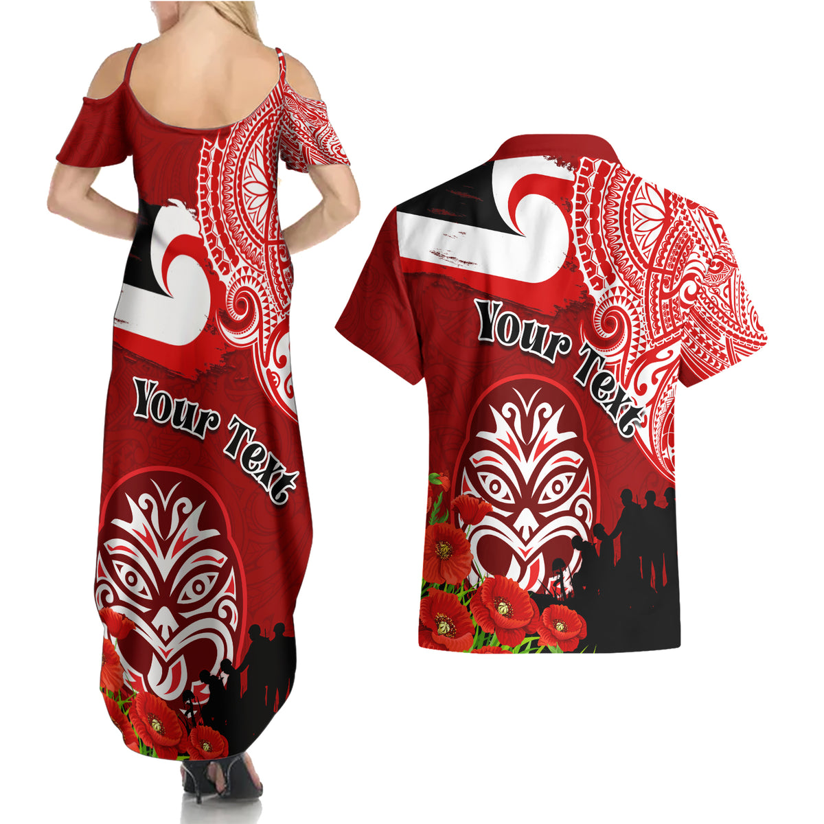 New Zealand ANZAC Waitangi Day Couples Matching Summer Maxi Dress and Hawaiian Shirt Lest We Forget Soldier Tiki Maori Style LT03 - Polynesian Pride
