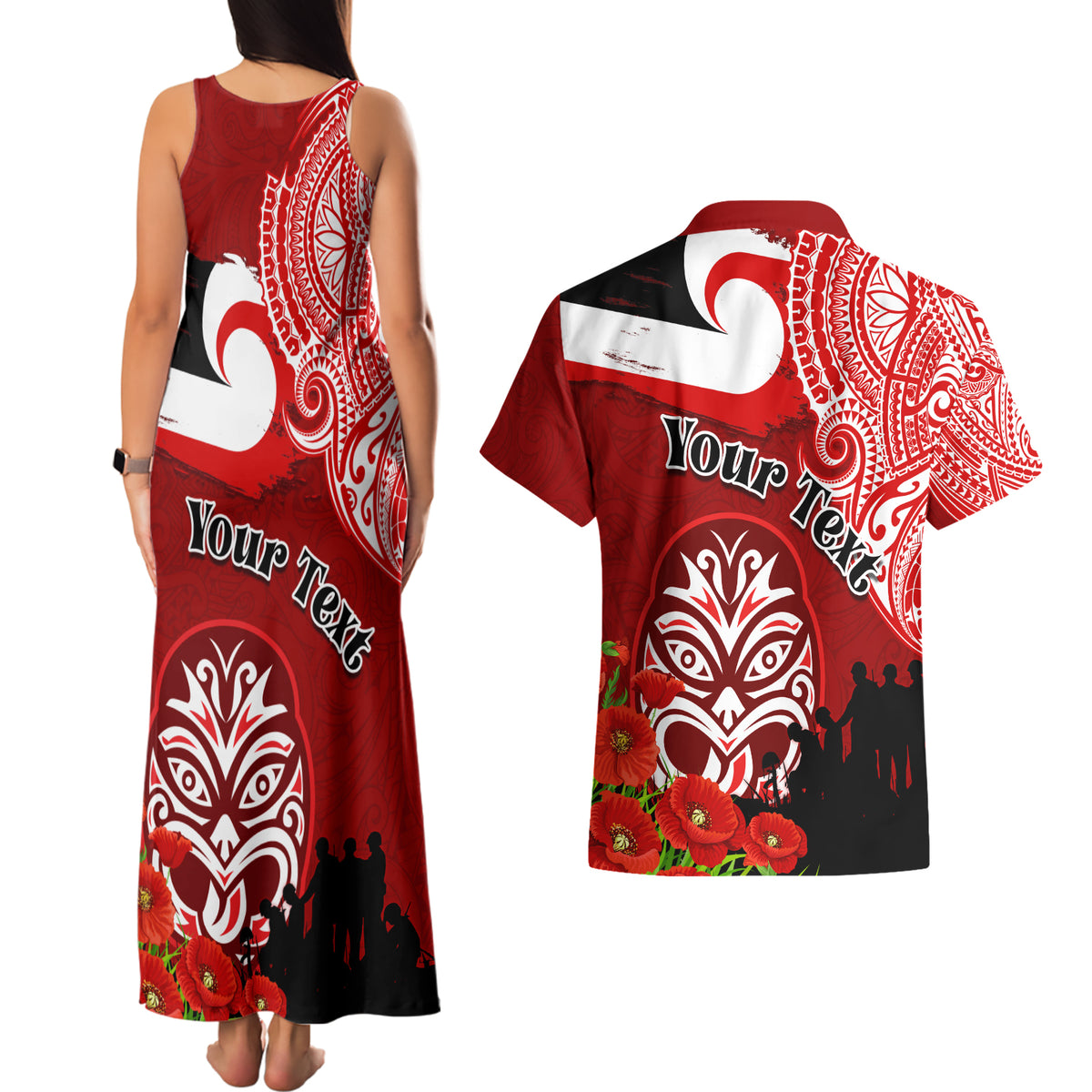 New Zealand ANZAC Waitangi Day Couples Matching Tank Maxi Dress and Hawaiian Shirt Lest We Forget Soldier Tiki Maori Style LT03 - Polynesian Pride