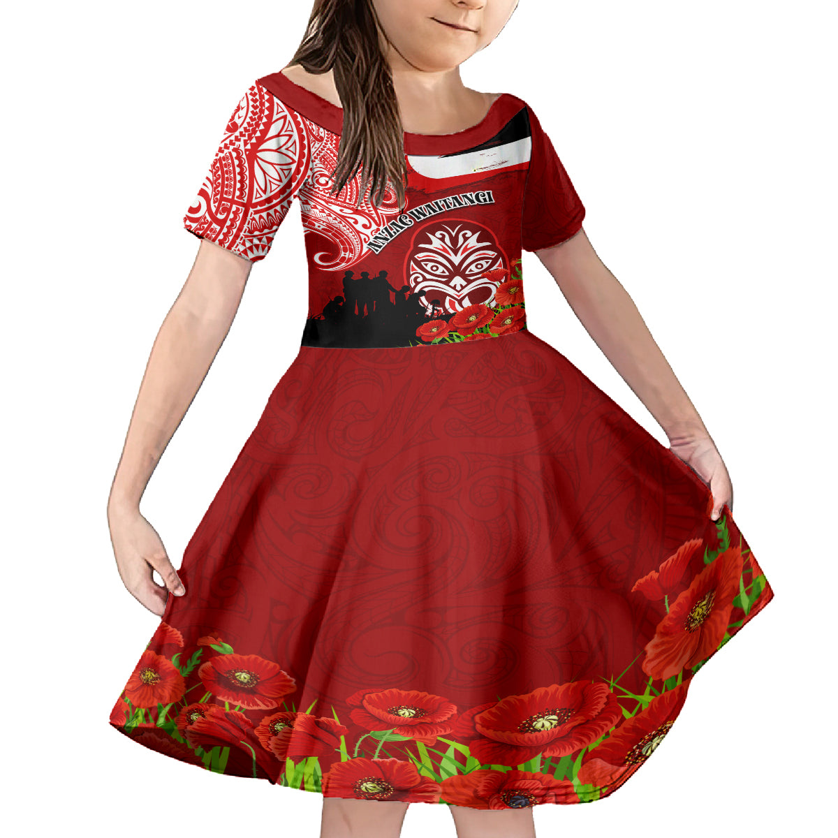 New Zealand ANZAC Waitangi Day Family Matching Long Sleeve Bodycon Dress and Hawaiian Shirt Lest We Forget Soldier Tiki Maori Style LT03 Daughter's Dress Red - Polynesian Pride