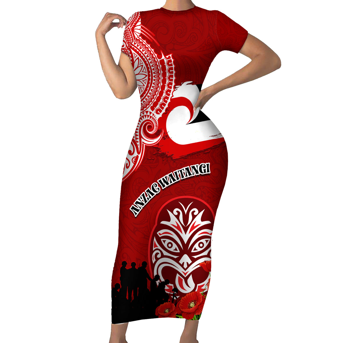 New Zealand ANZAC Waitangi Day Family Matching Short Sleeve Bodycon Dress and Hawaiian Shirt Lest We Forget Soldier Tiki Maori Style LT03 Mom's Dress Red - Polynesian Pride
