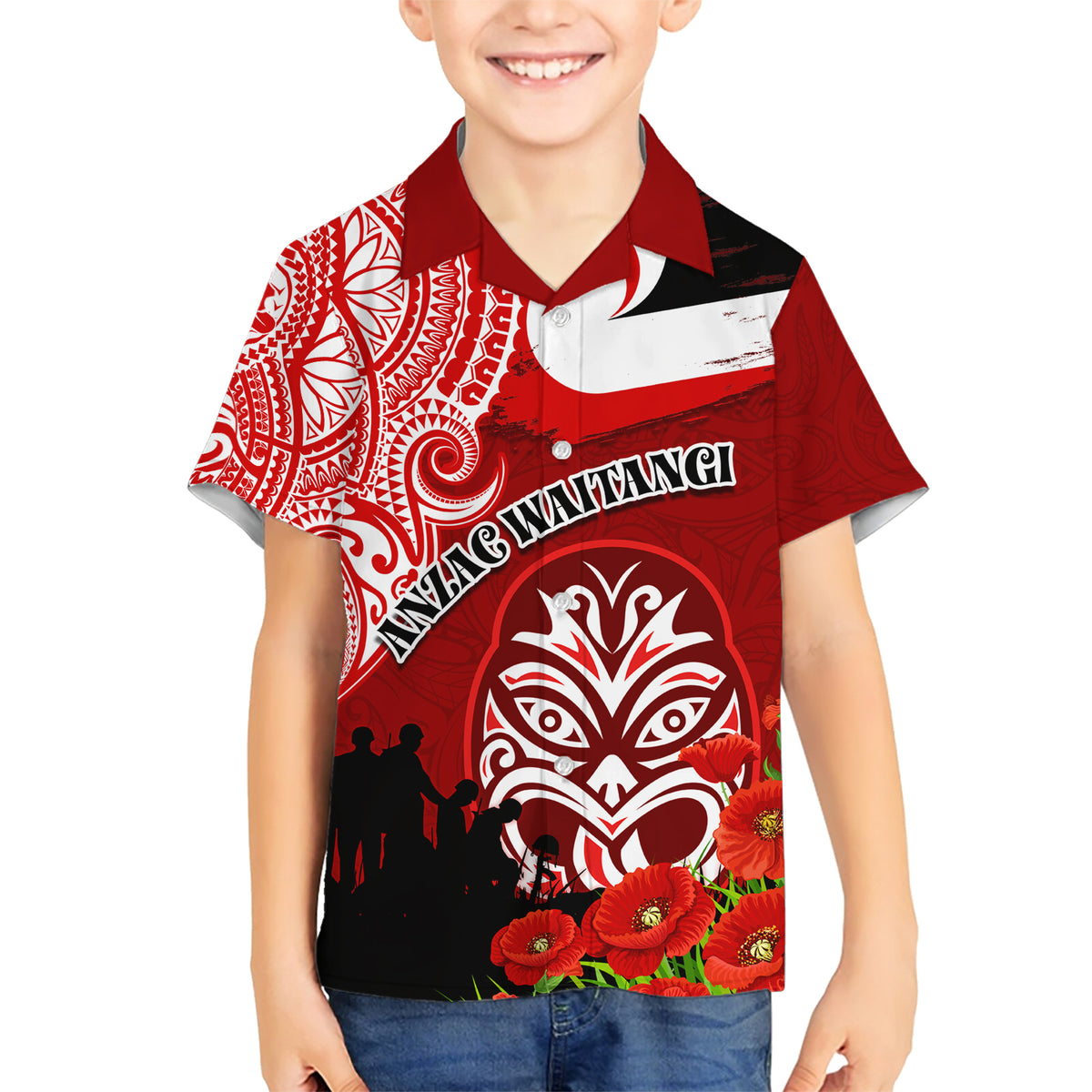 New Zealand ANZAC Waitangi Day Family Matching Short Sleeve Bodycon Dress and Hawaiian Shirt Lest We Forget Soldier Tiki Maori Style LT03 Son's Shirt Red - Polynesian Pride
