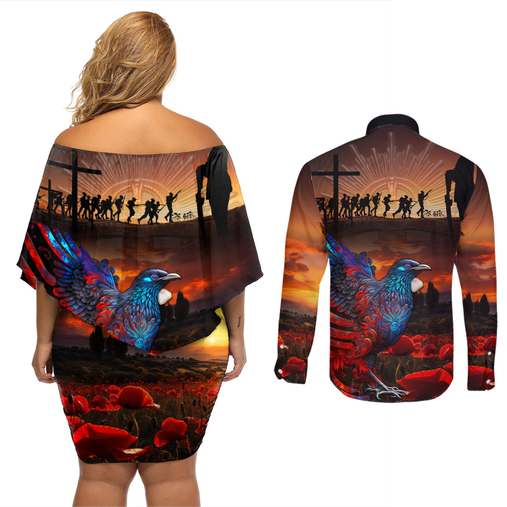 New Zealand Tui Bird Soldier ANZAC Couples Matching Off Shoulder Short Dress and Long Sleeve Button Shirt Lest We Forget LT03