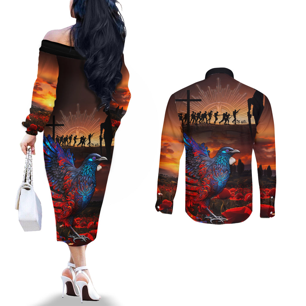 New Zealand Tui Bird Soldier ANZAC Couples Matching Off The Shoulder Long Sleeve Dress and Long Sleeve Button Shirt Lest We Forget LT03
